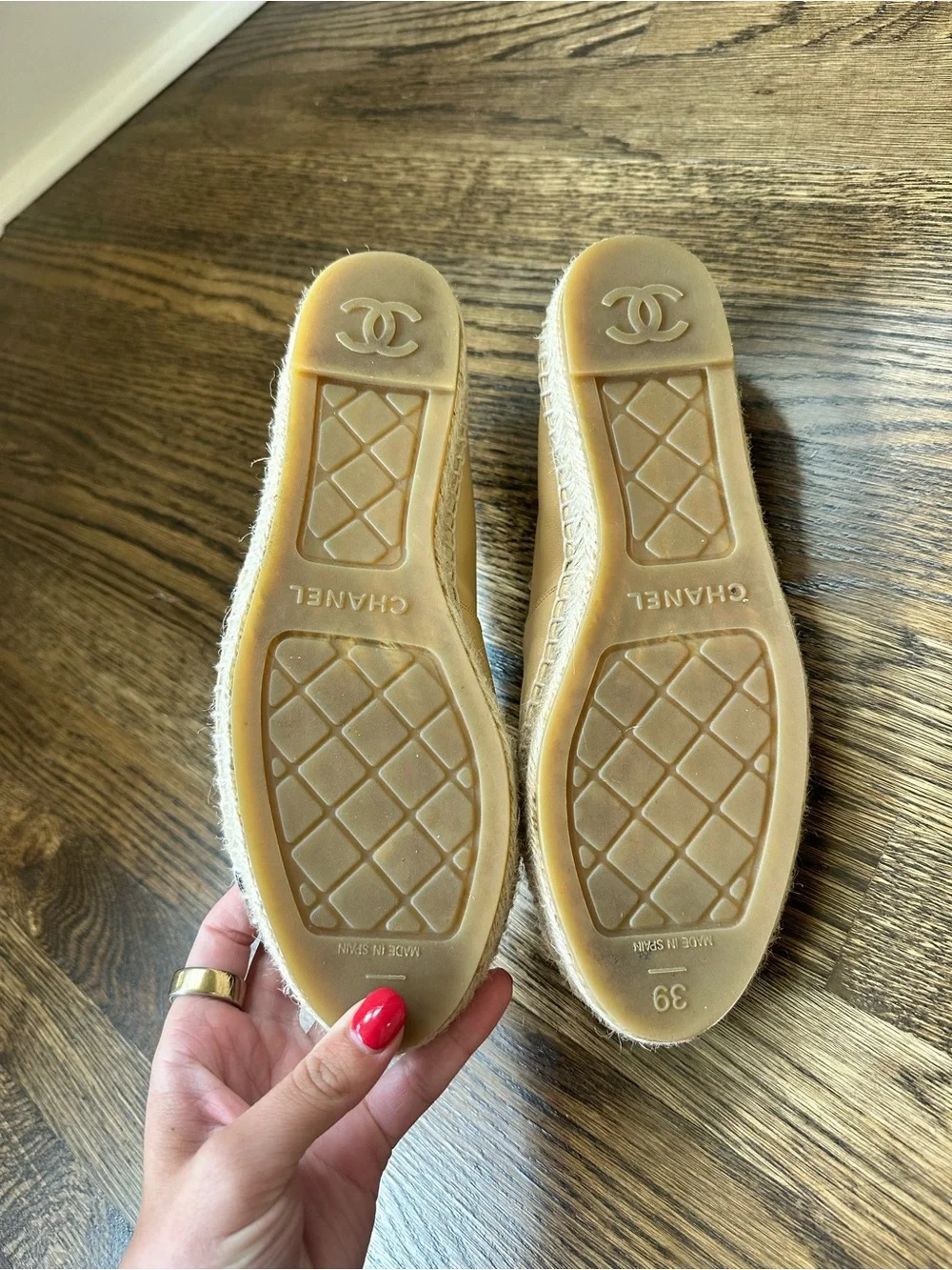 CHANEL Beige and Black Leather Espadrille Flats, size 39
